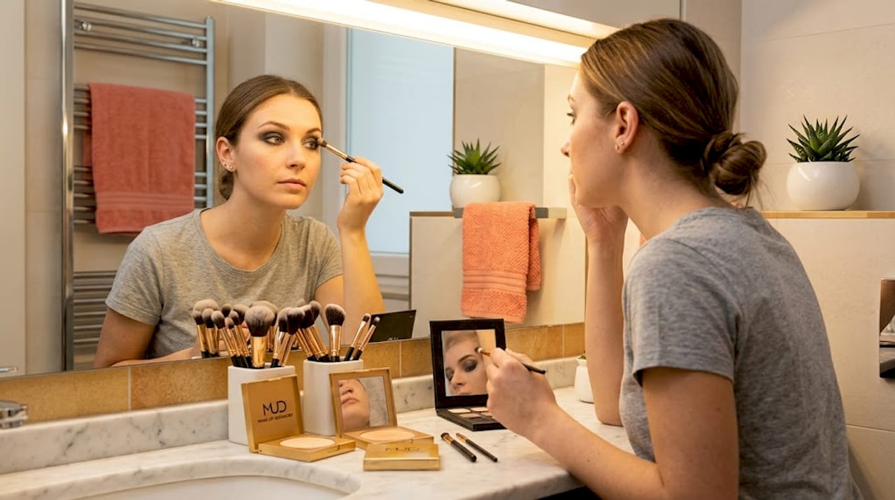 Davanti allo specchio, una ragazza si cimenta con il trucco smokey eyes, cercando di ottenere uno sguardo intenso e misterioso.
