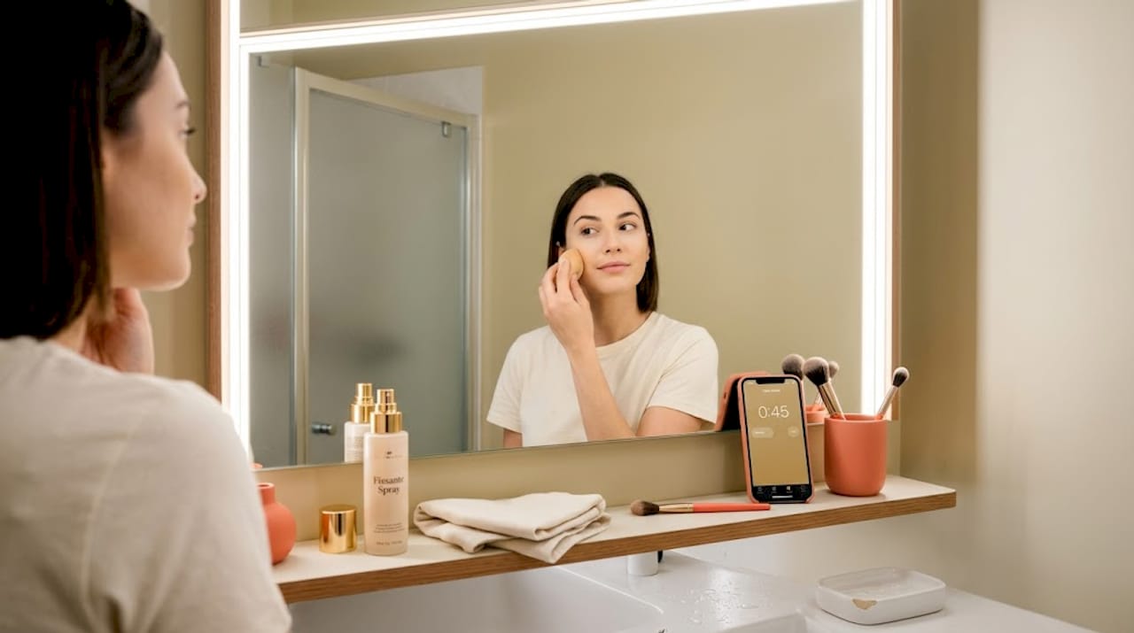 Donna che applica la cipria per fissare il trucco
