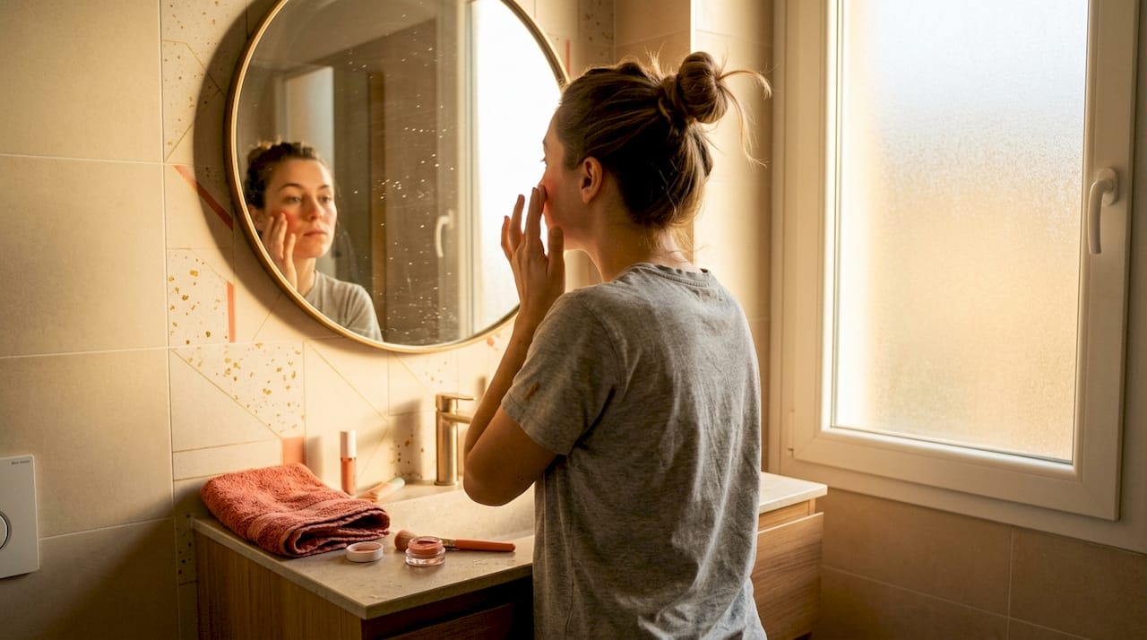 Una ragazza si applica il blush davanti allo specchio, sfumandolo con cura sulle guance.