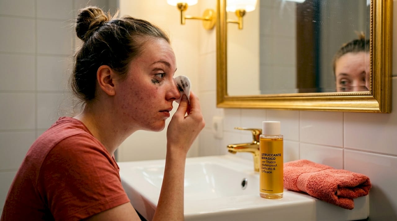 Una donna si strucca in bagno, eliminando il trucco waterproof dal viso.