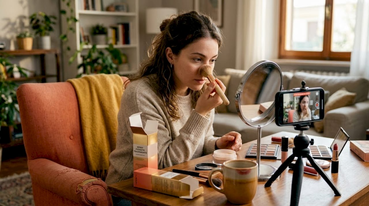 Una donna si trucca applicando la cipria e completa il make-up con uno spray fissante.