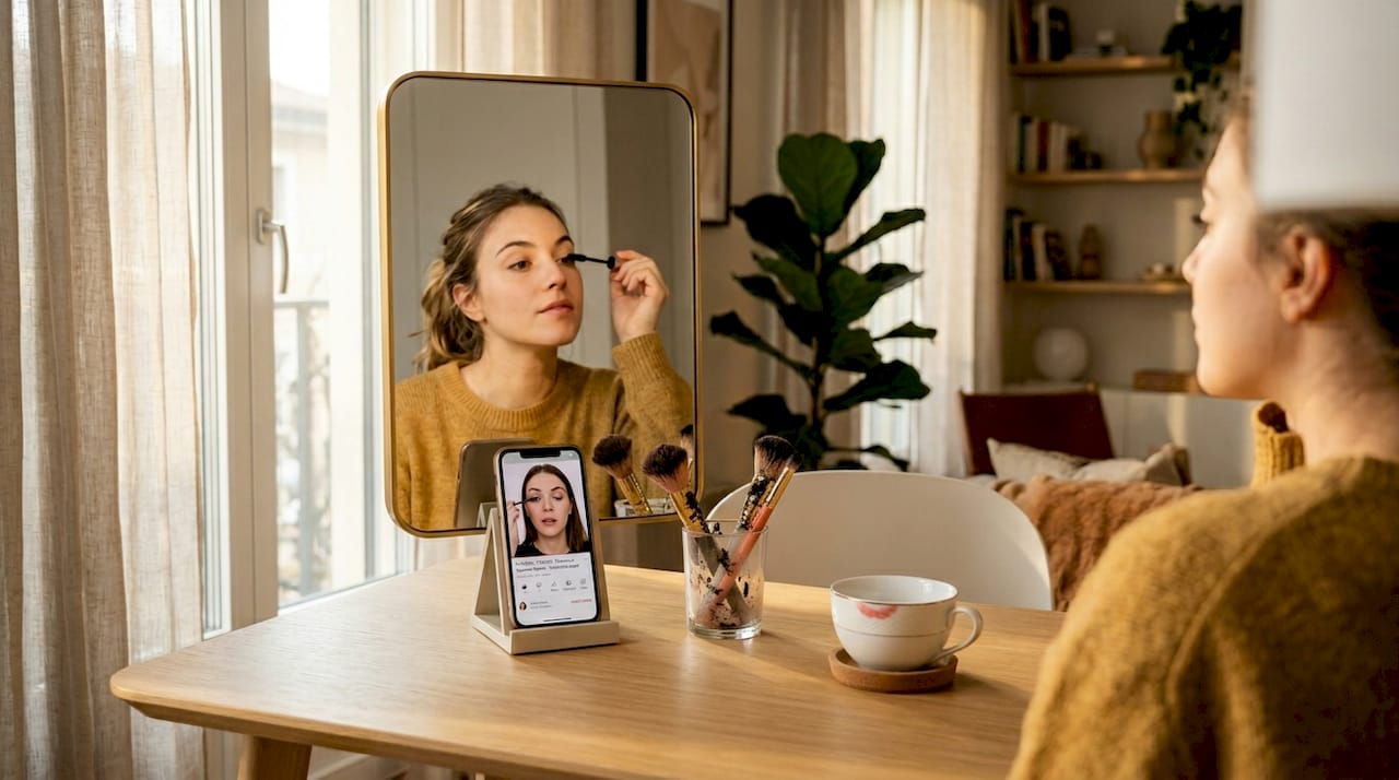 Una donna si dedica al trucco naturale seguendo un tutorial comodamente a casa.