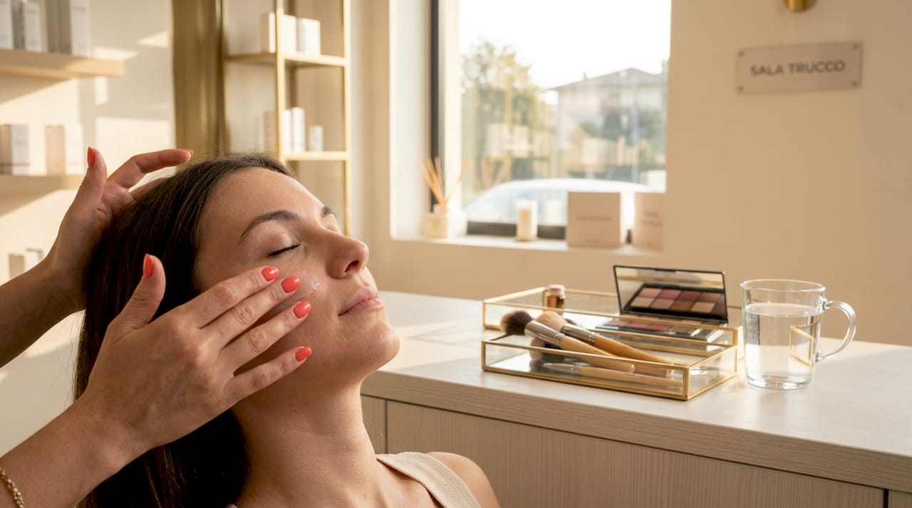 Una truccatrice applica il primer sulle guance di una modella durante una sessione di make-up in studio.