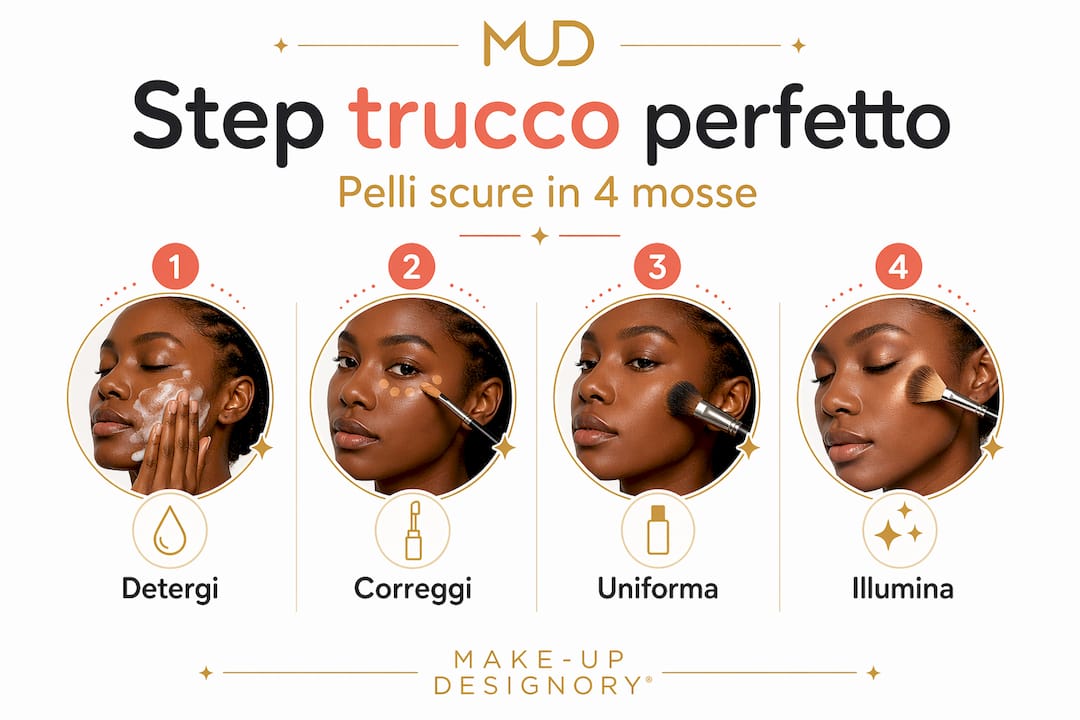 Infografica con 4 semplici passaggi per un make-up perfetto sulle pelli scure