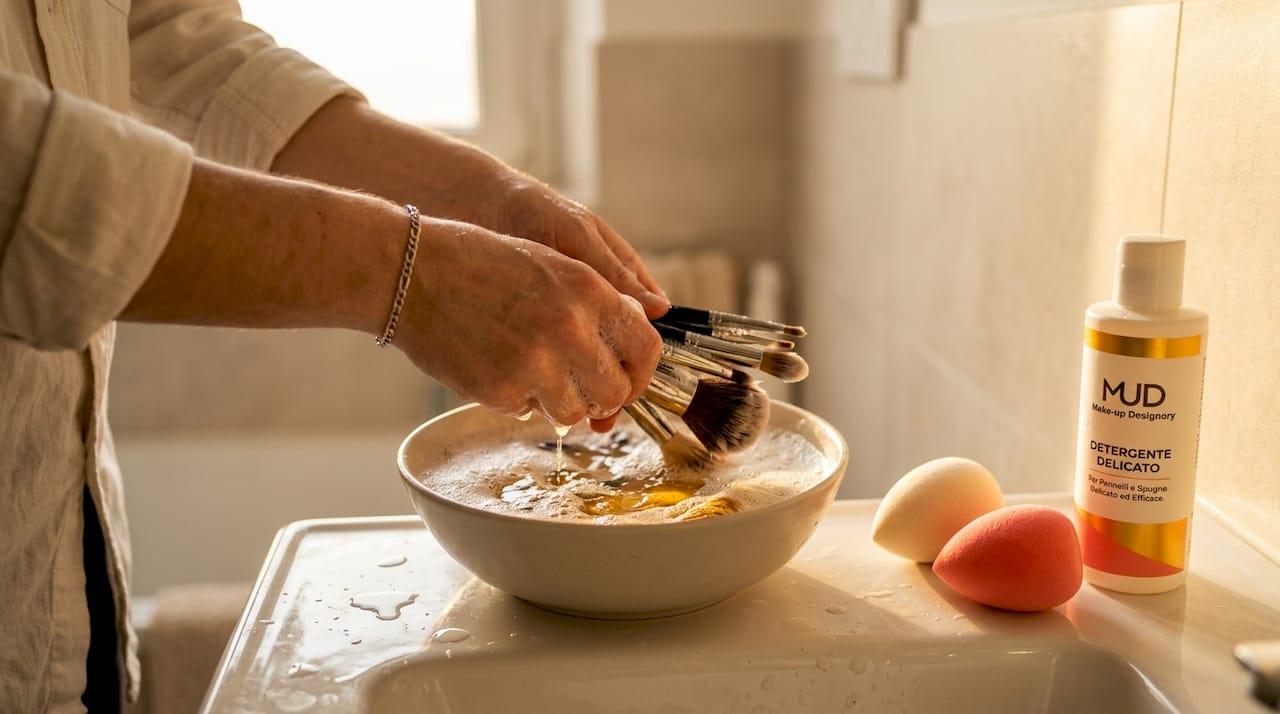 Mani che lavano i pennelli da trucco nel lavandino del bagno