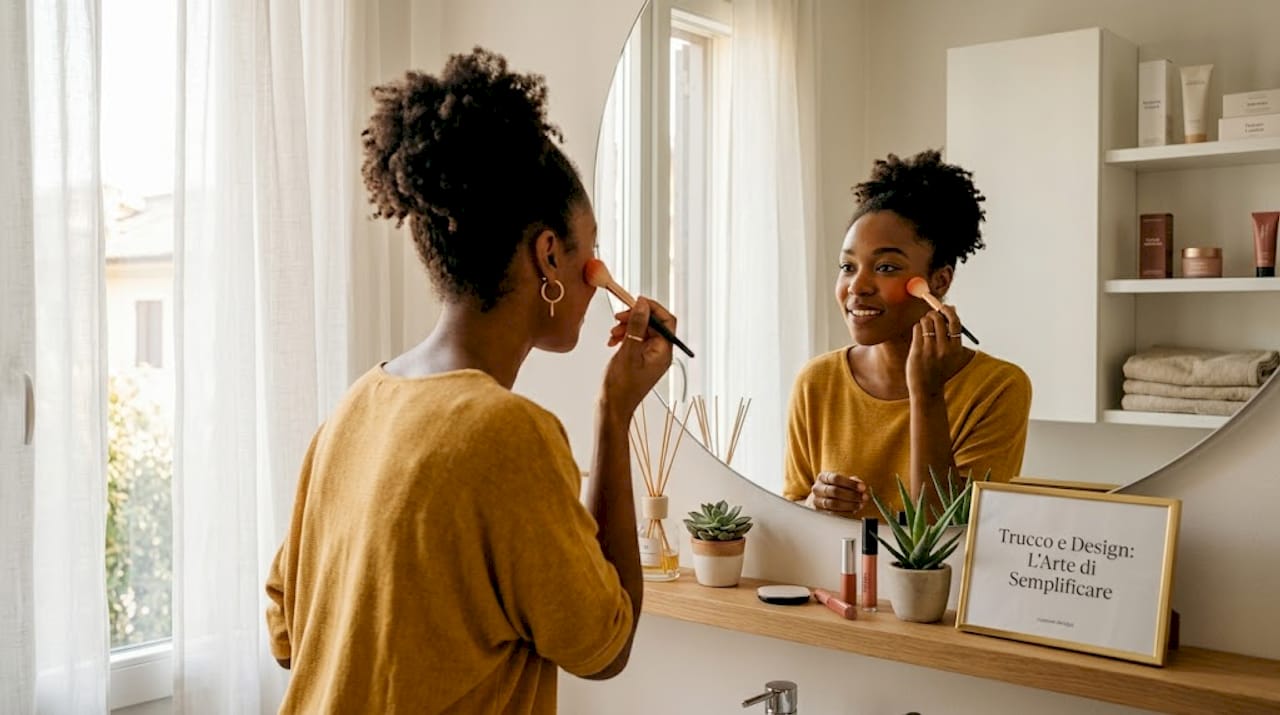 Una donna si trucca con il blush mentre si trova nella sua cucina di casa.