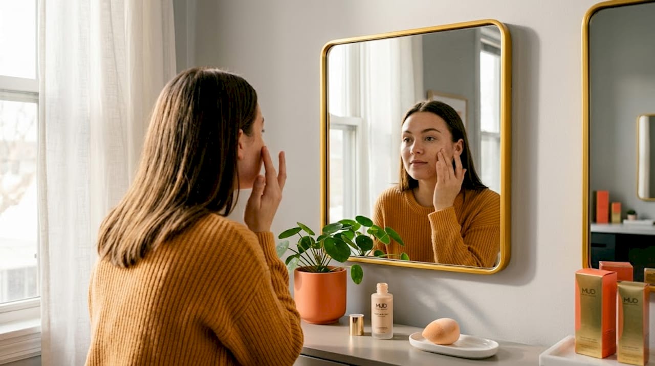 Una donna si stende il skin tint davanti allo specchio nel backstage del trucco.