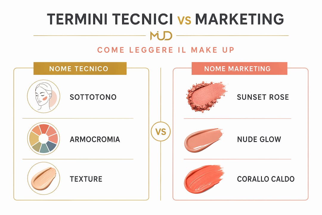 Infografica: confronto tra nomi tecnici e nomi commerciali del make-up