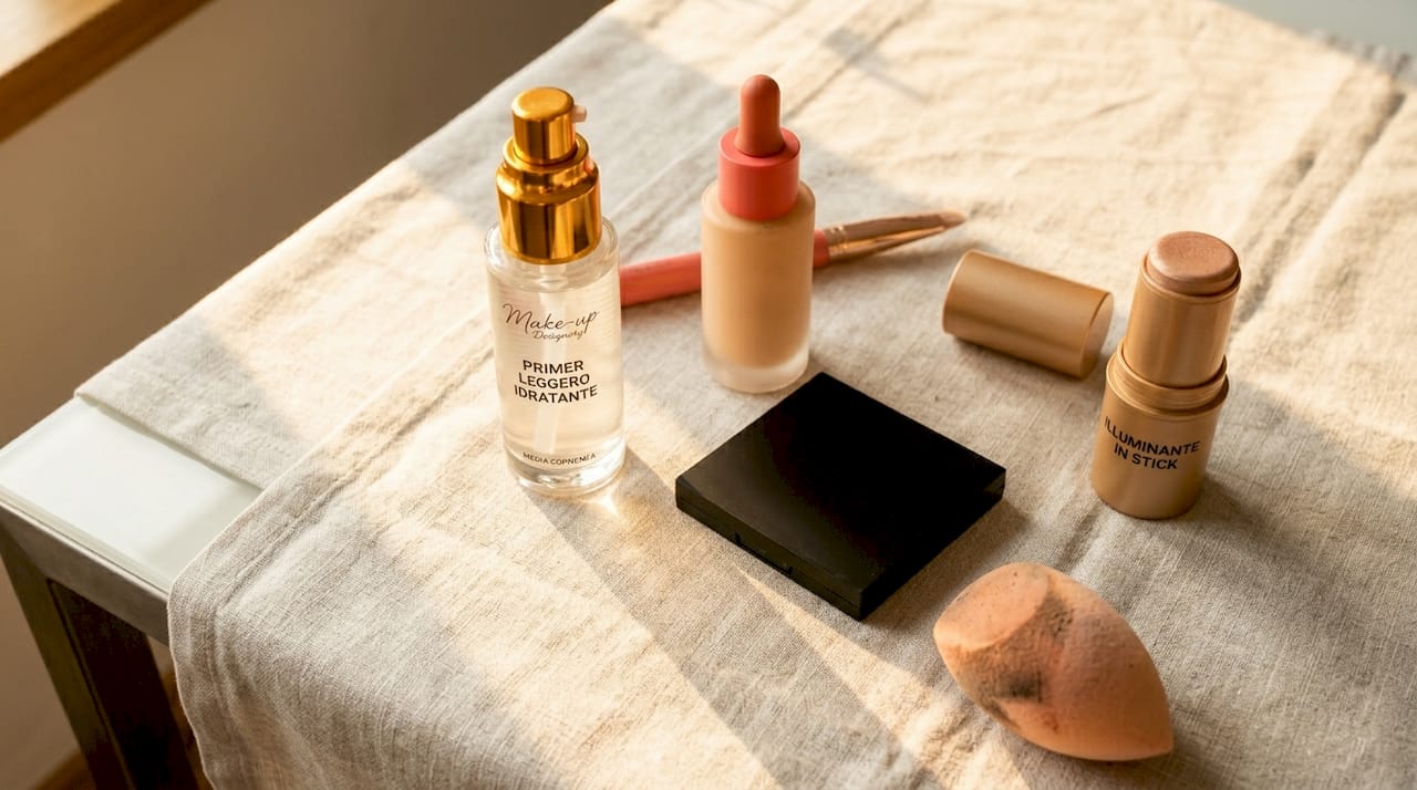 Esposizione dei principali prodotti make-up HD disposti sul tavolo