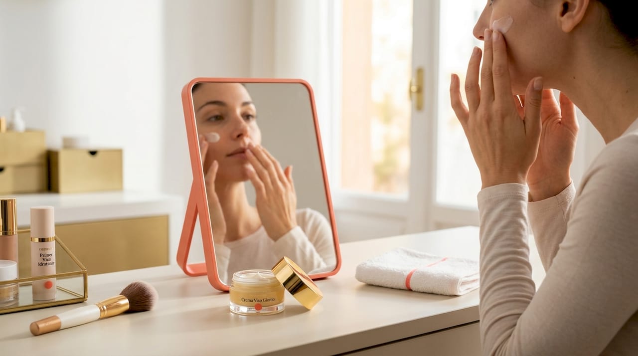 Le mani stendono il primer sul viso appena deterso