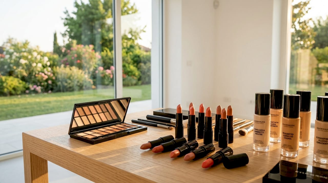 Prodotti di makeup disposti ordinatamente su un tavolo bianco.