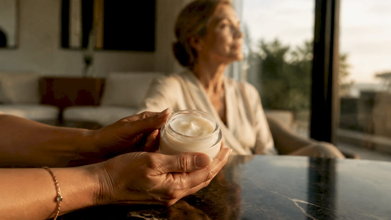 Mani che applicano una crema idratante studiata per le esigenze della pelle matura