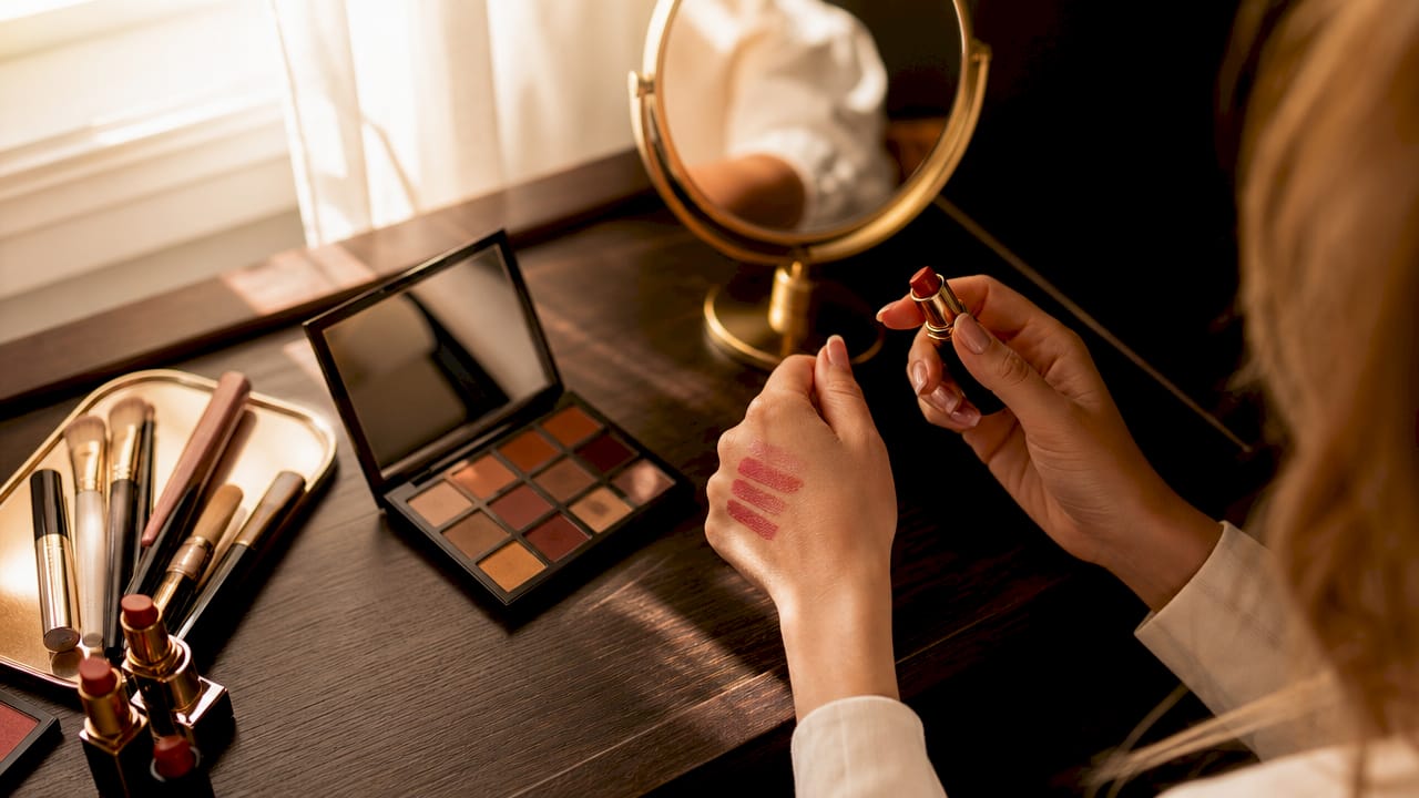 Dettaglio di mani che provano diverse tonalità di make-up