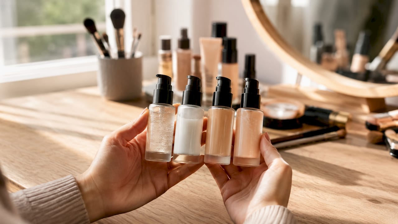 Mani che mostrano diversi primer per il viso