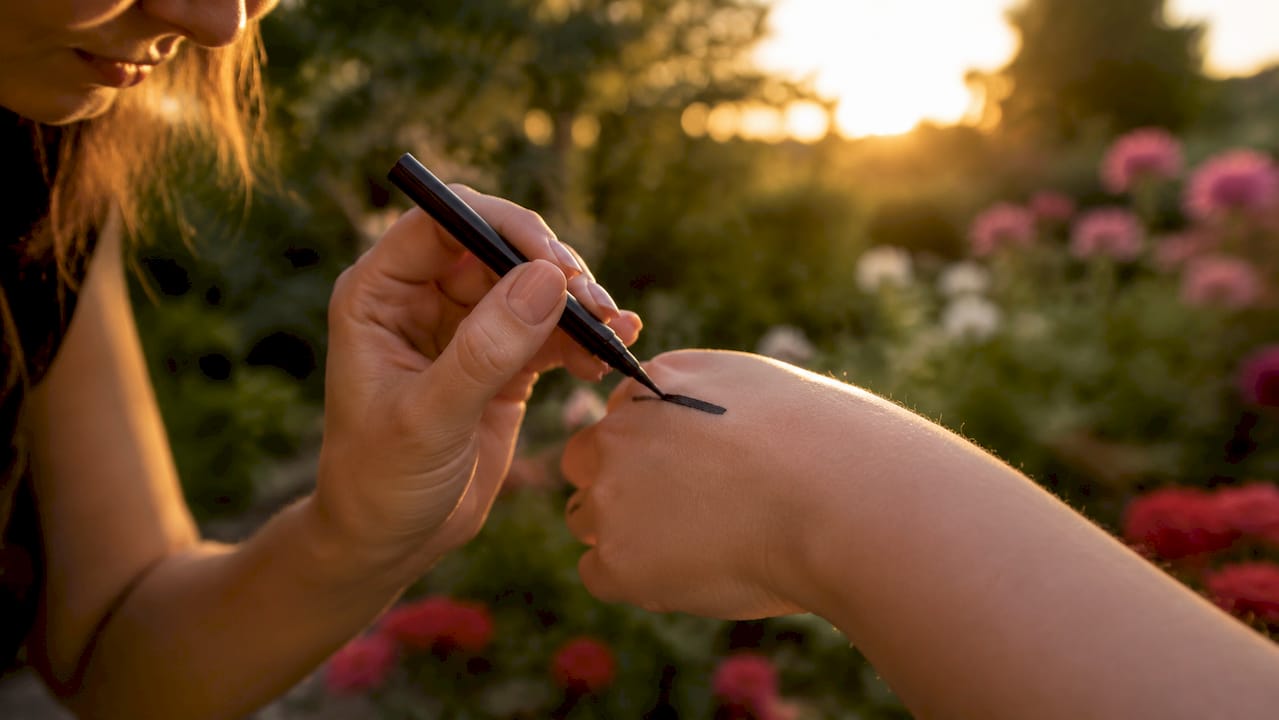 Una mano stende con precisione l’eyeliner nero per un look da sera sofisticato.