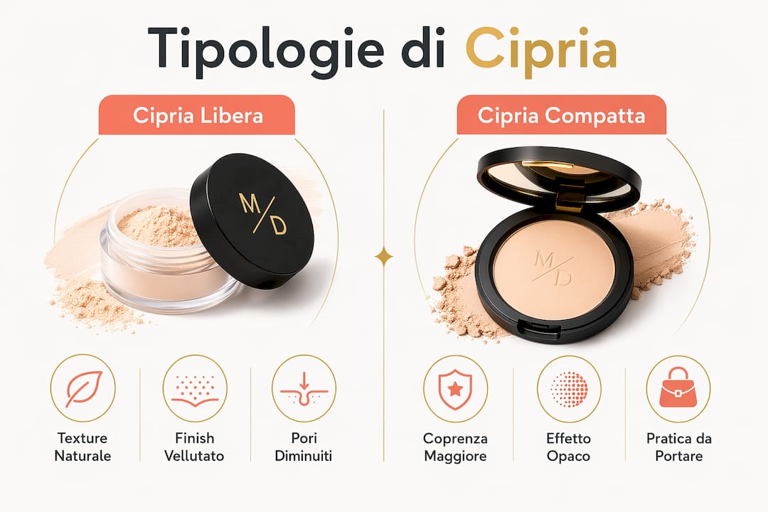 Infografica: differenze tra cipria in polvere libera e cipria compatta