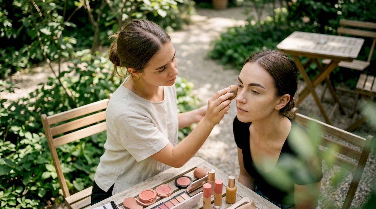 Mani che stendono una base opaca per un trucco dallo stile retrò