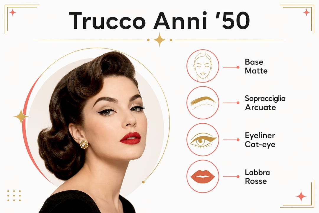 Infografica che illustra i passaggi fondamentali per realizzare un make-up in stile anni '50