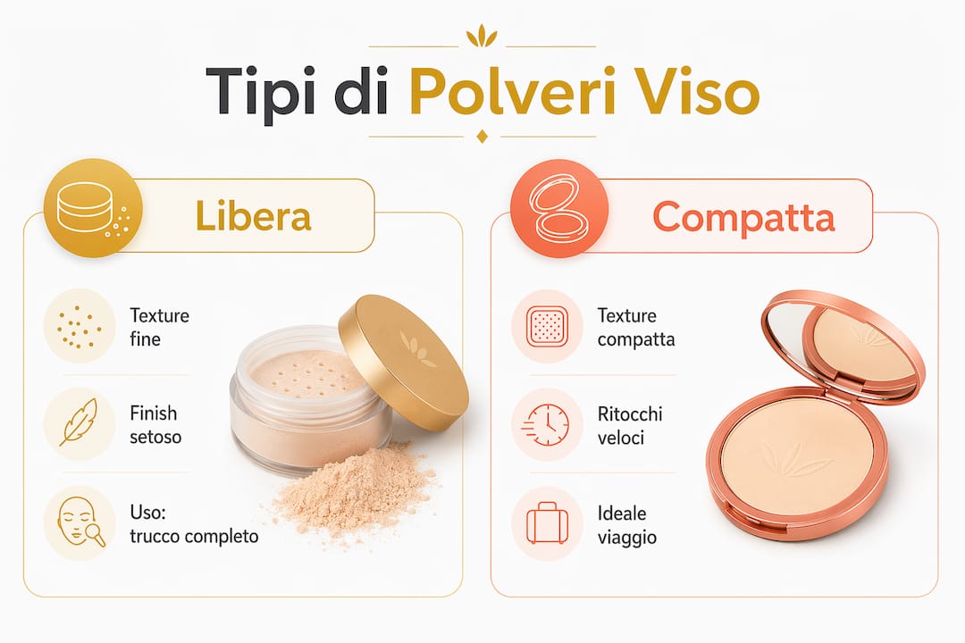 Infografica: confronto tra le diverse tipologie di cipria, con caratteristiche principali e consigli d’uso