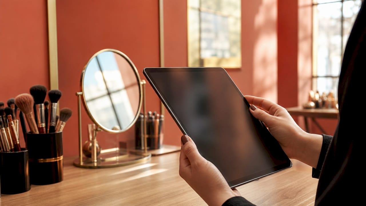 Esperti del make-up digitale all’opera con tablet tecnologici