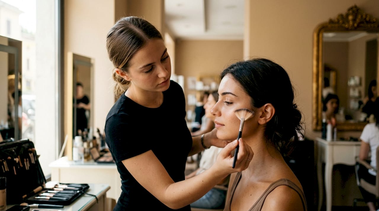 Le mani della make-up artist stendono l’illuminante in polvere sugli zigomi per esaltarne la luminosità.