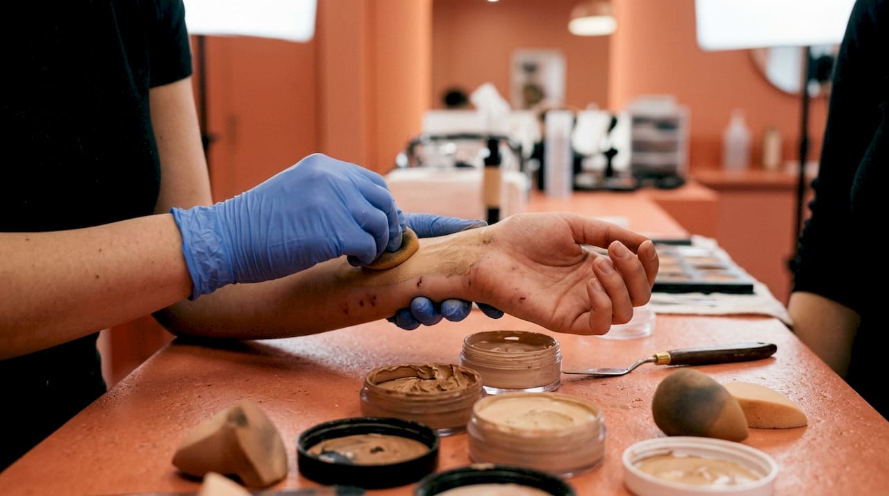 Dettaglio sulle mani che stendono con cura il trucco mimetico a più strati sulla pelle.