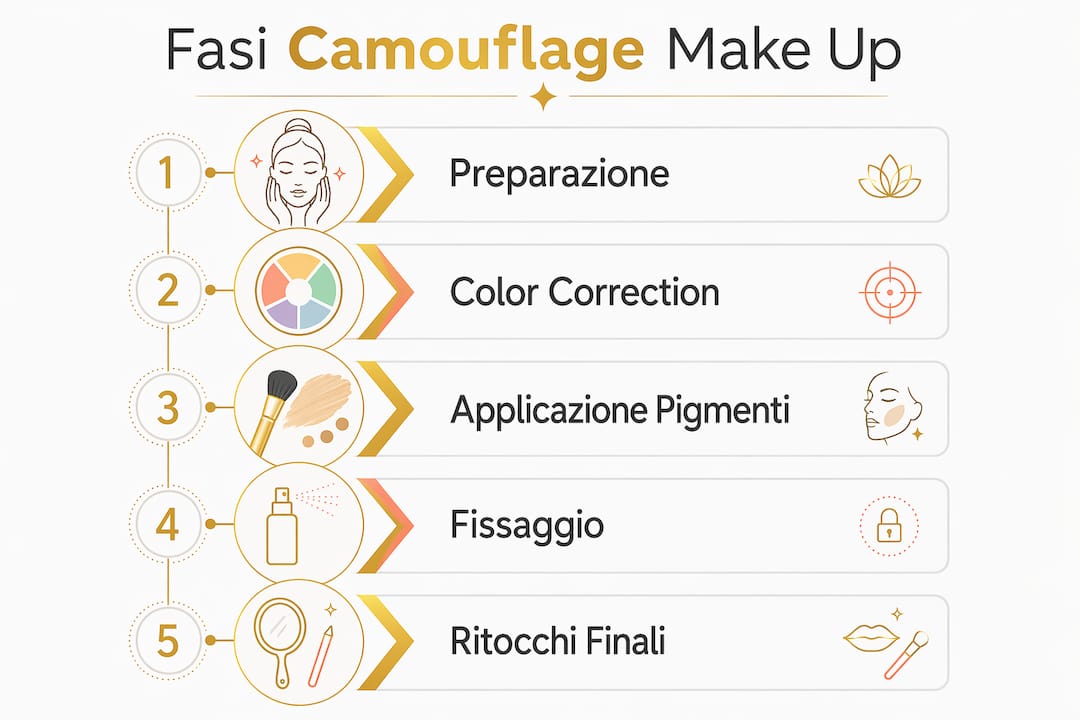 Scopri tutti i passaggi fondamentali del camouflage make up riassunti in un’infografica pratica e intuitiva.