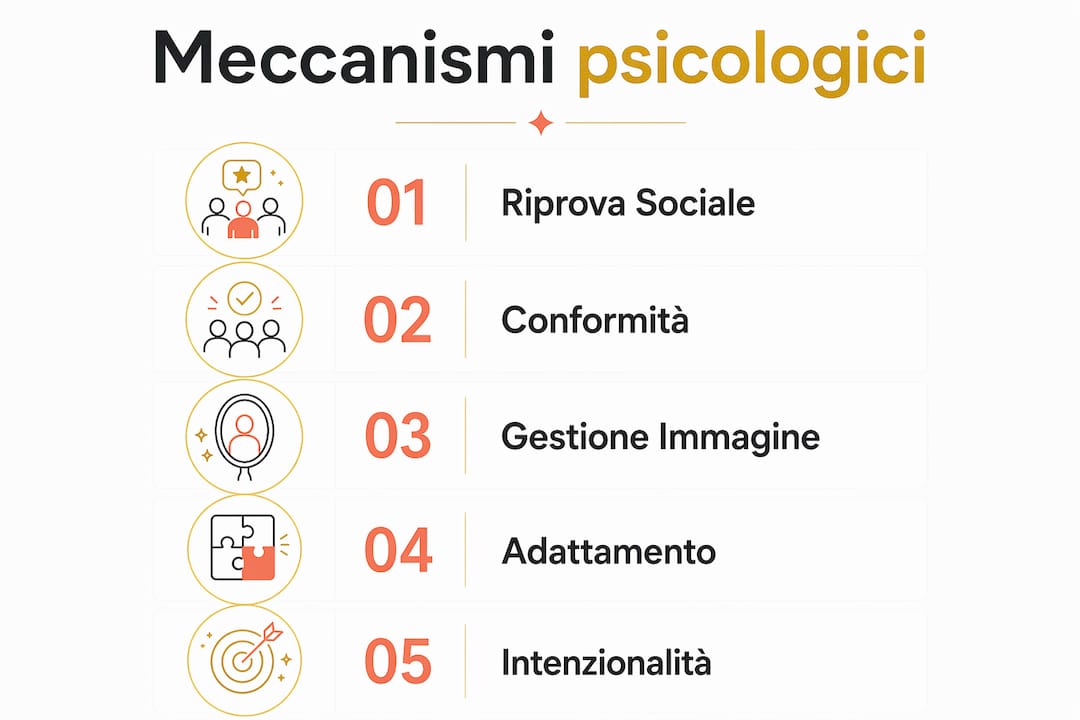 Infografica che illustra i principali passaggi dei meccanismi psicologici alla base delle dinamiche sociali