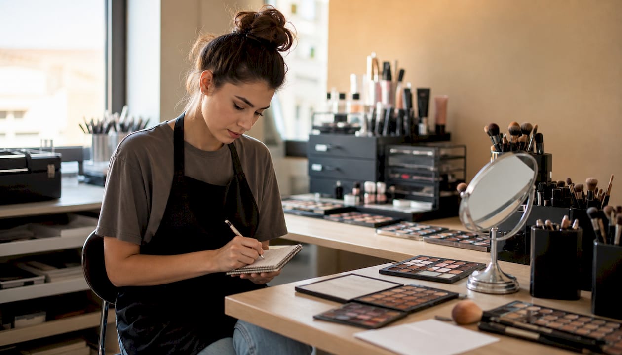 Una studentessa prende appunti durante una lezione pratica di trucco.