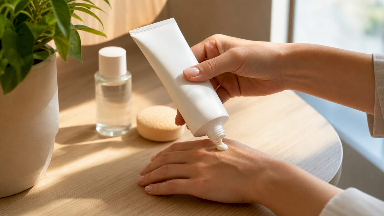 Delle mani applicano la crema solare vicino a un orologio da polso.