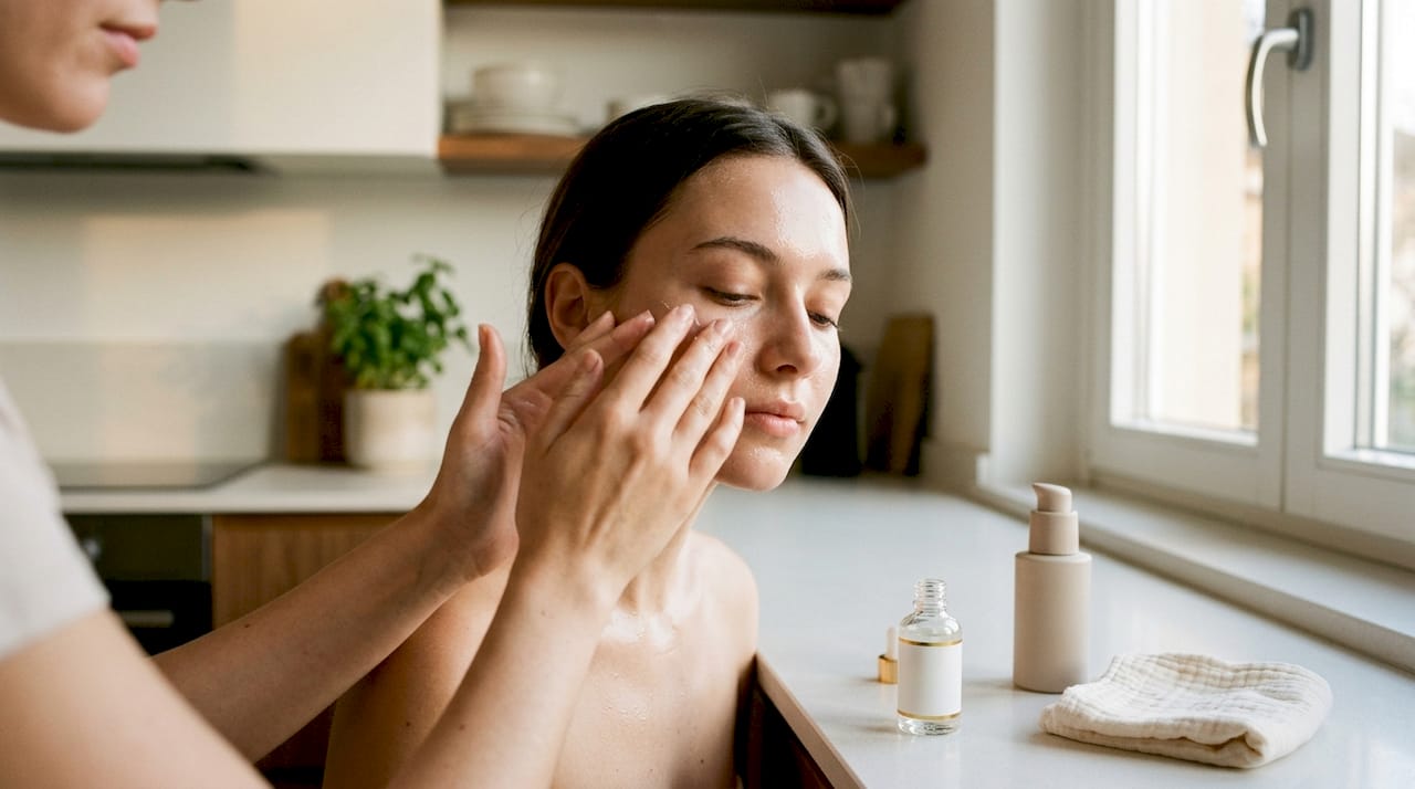 Mani che stendono una crema idratante sul viso appena deterso