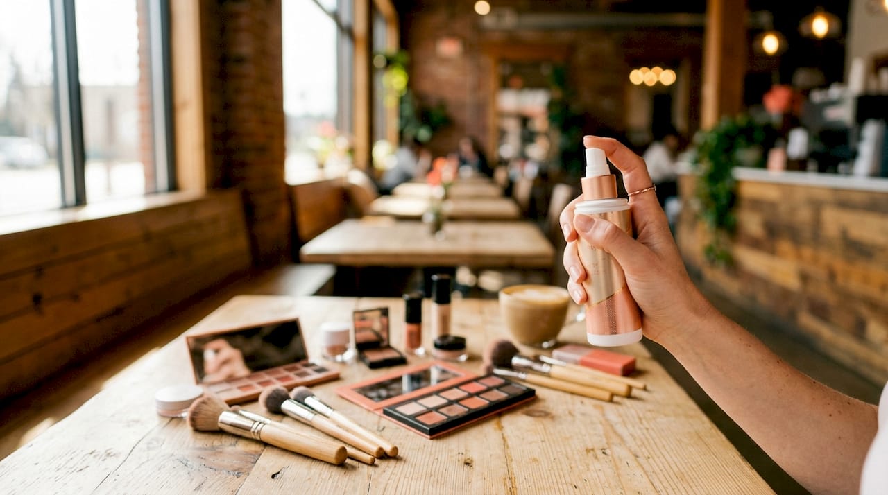 Particolare di una mano che utilizza uno spray fissante, circondata da pennelli e altri accessori per il trucco.