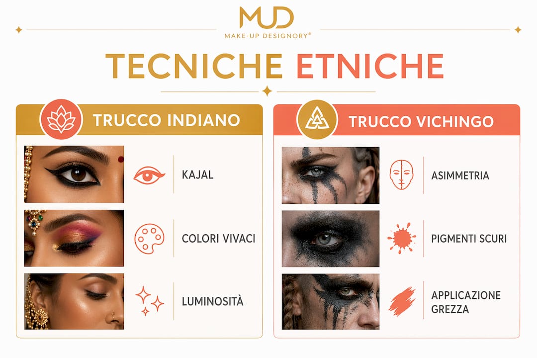 Infografica: confronto tra le principali tecniche di make-up ispirate alla tradizione indiana e a quella vichinga