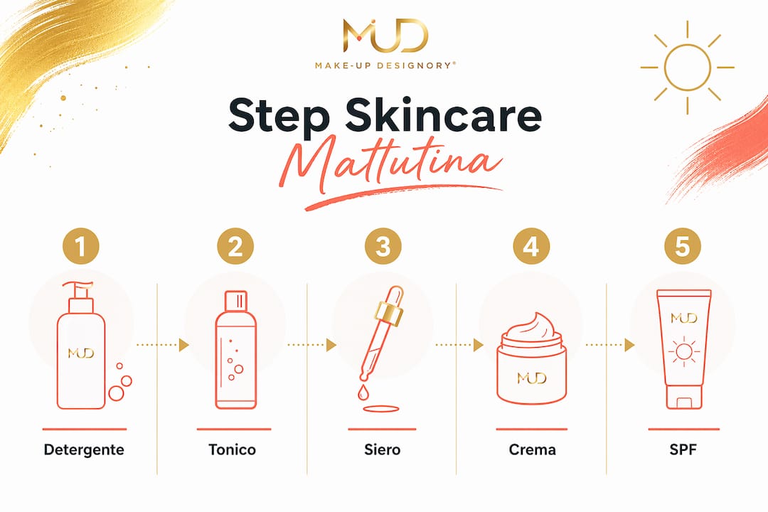 Infografica con tutti i passaggi della beauty routine del mattino