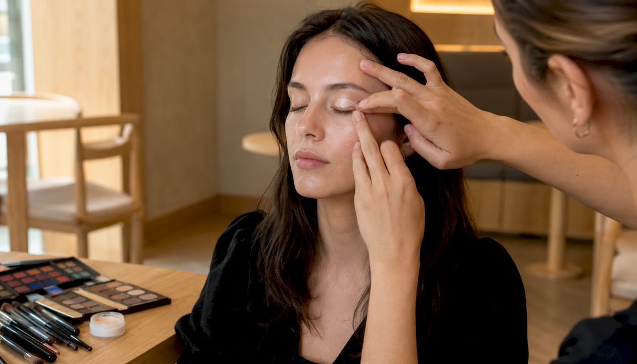 Mani che stendono il primer sulla palpebra utilizzando pennelli da trucco