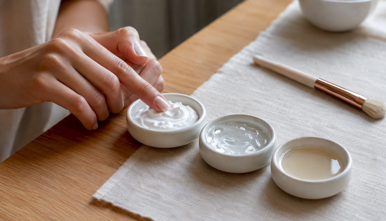 Mani che provano e valutano diverse consistenze di prodotti cosmetici