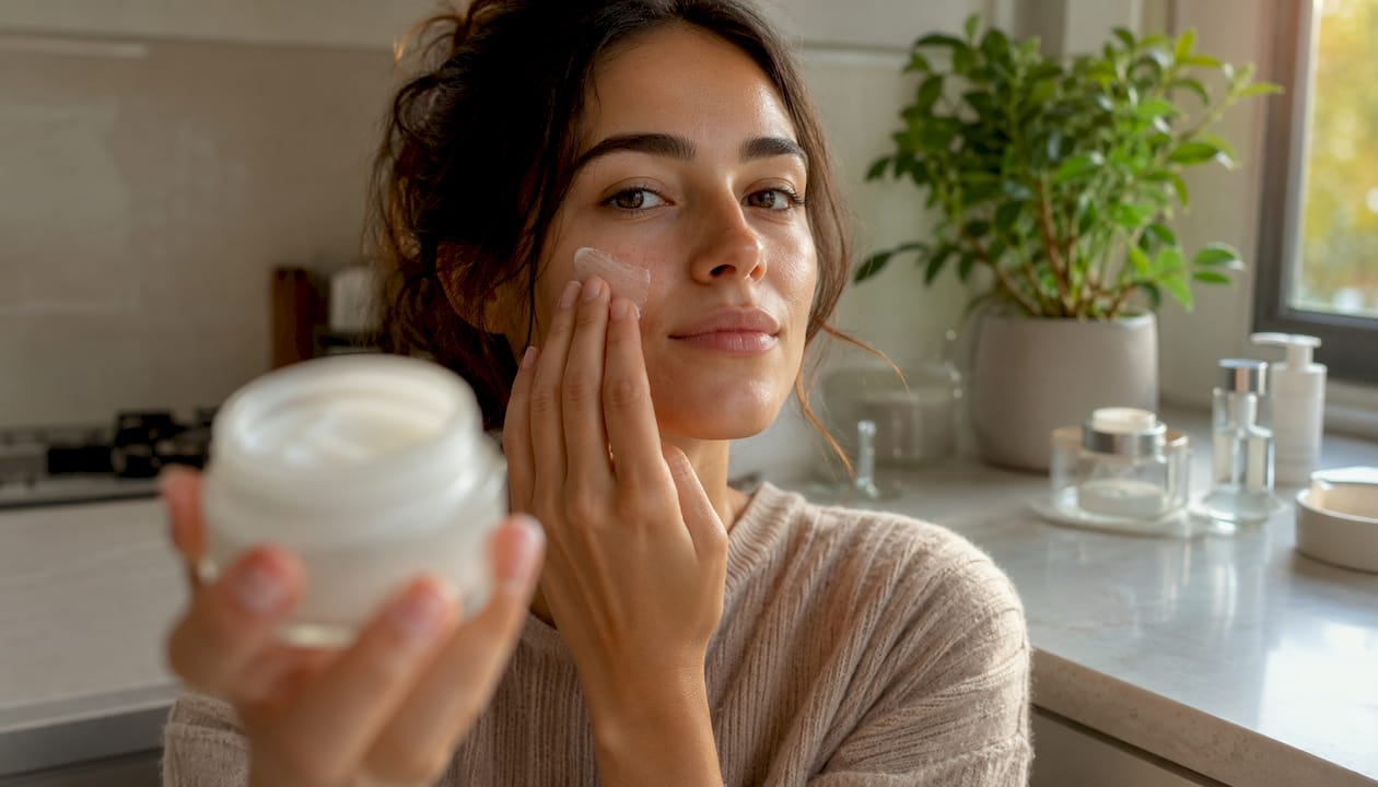 Donna che stende una crema viso dalla texture morbida e vellutata