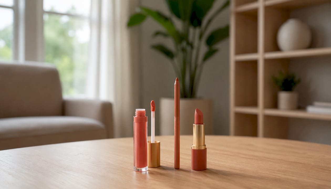 I must-have per il trucco labbra poggiati su un elegante piano in marmo