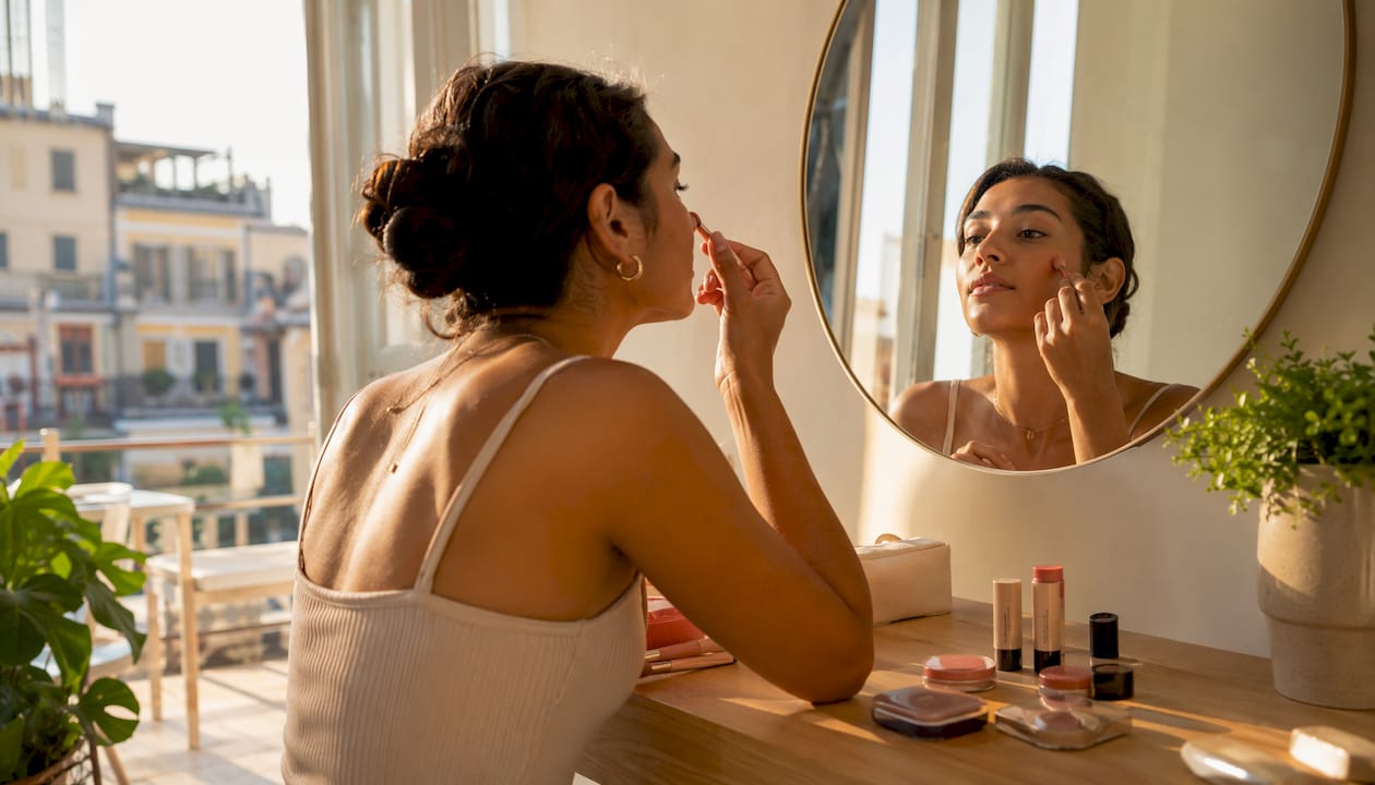 Una donna si trucca davanti allo specchio, stendendo un blush in crema sulle guance.