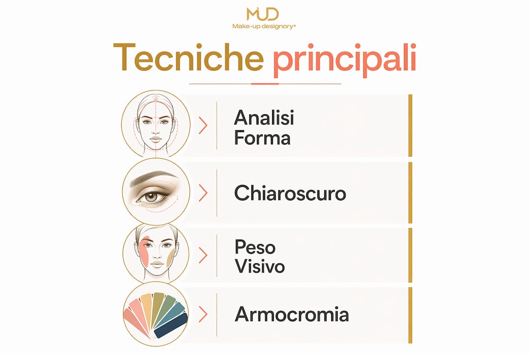 Infografica sulle tecniche fondamentali del visagismo: scopri i segreti per valorizzare il volto attraverso forme, colori e proporzioni.