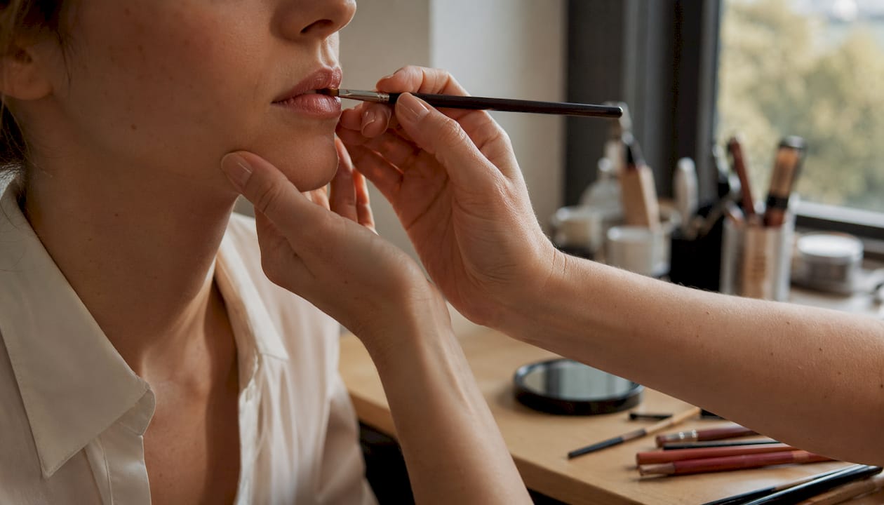 Dettaglio sulle mani che stendono con precisione un rossetto dalla texture cremosa