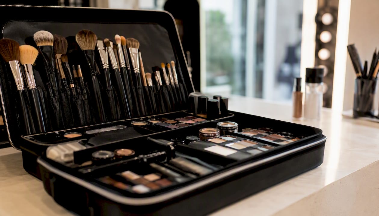 Tutti gli strumenti del kit trucco professionale disposti con cura e ordine