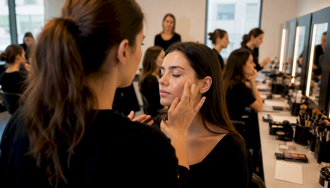 Gli studenti si esercitano con il trucco su modelle dal vivo durante le lezioni.