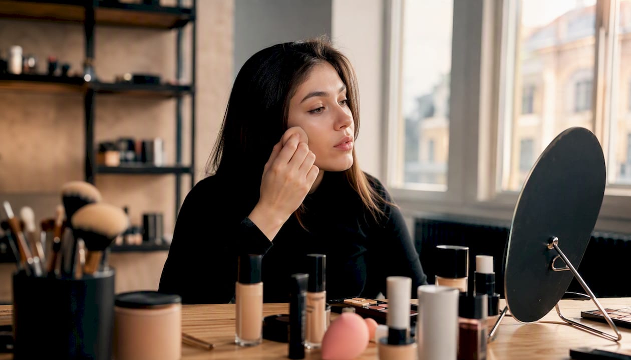 Allieva che si esercita nell'applicazione del trucco su se stessa