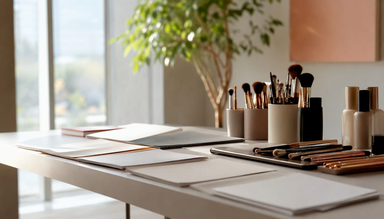 Depliant informativi delle scuole di trucco disposti sul tavolo