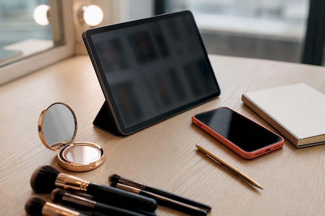 Vista dall'alto degli strumenti e accessori del portfolio di un truccatore