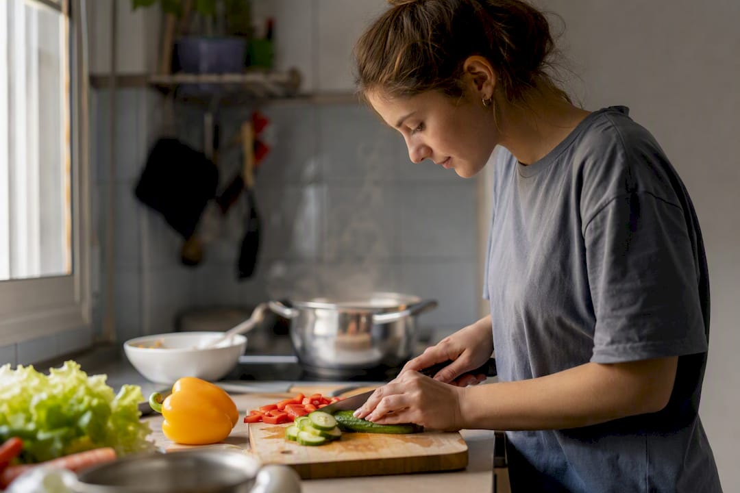 Studente che taglia le verdure in una cucina piccola