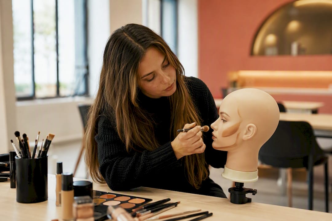 Studente che applica la tecnica del contouring su un manichino