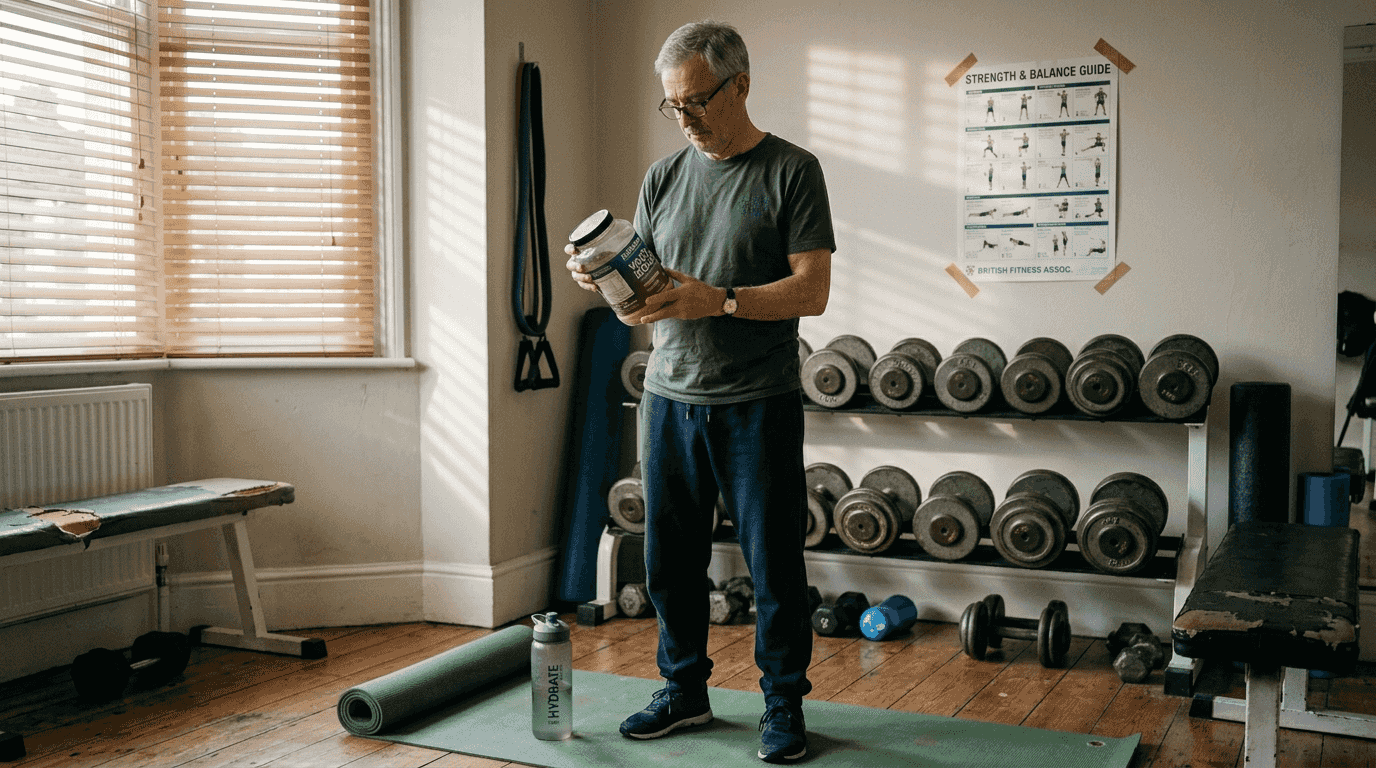 Older man examining protein supplement label