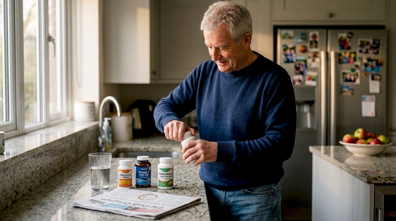 Senior opening bottle of supplements in kitchen